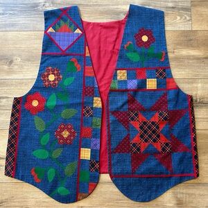 Vintage Handmade Cotton Colorful Quilt Shapes Flowers Craftcore Vest XL